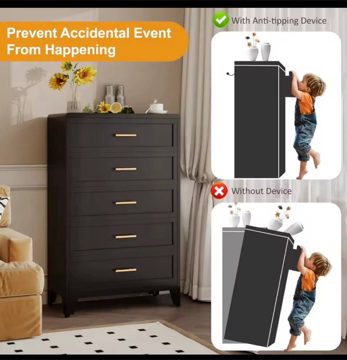Black 5-Drawer Dresser with Gold Handles IN BOX - photo 4