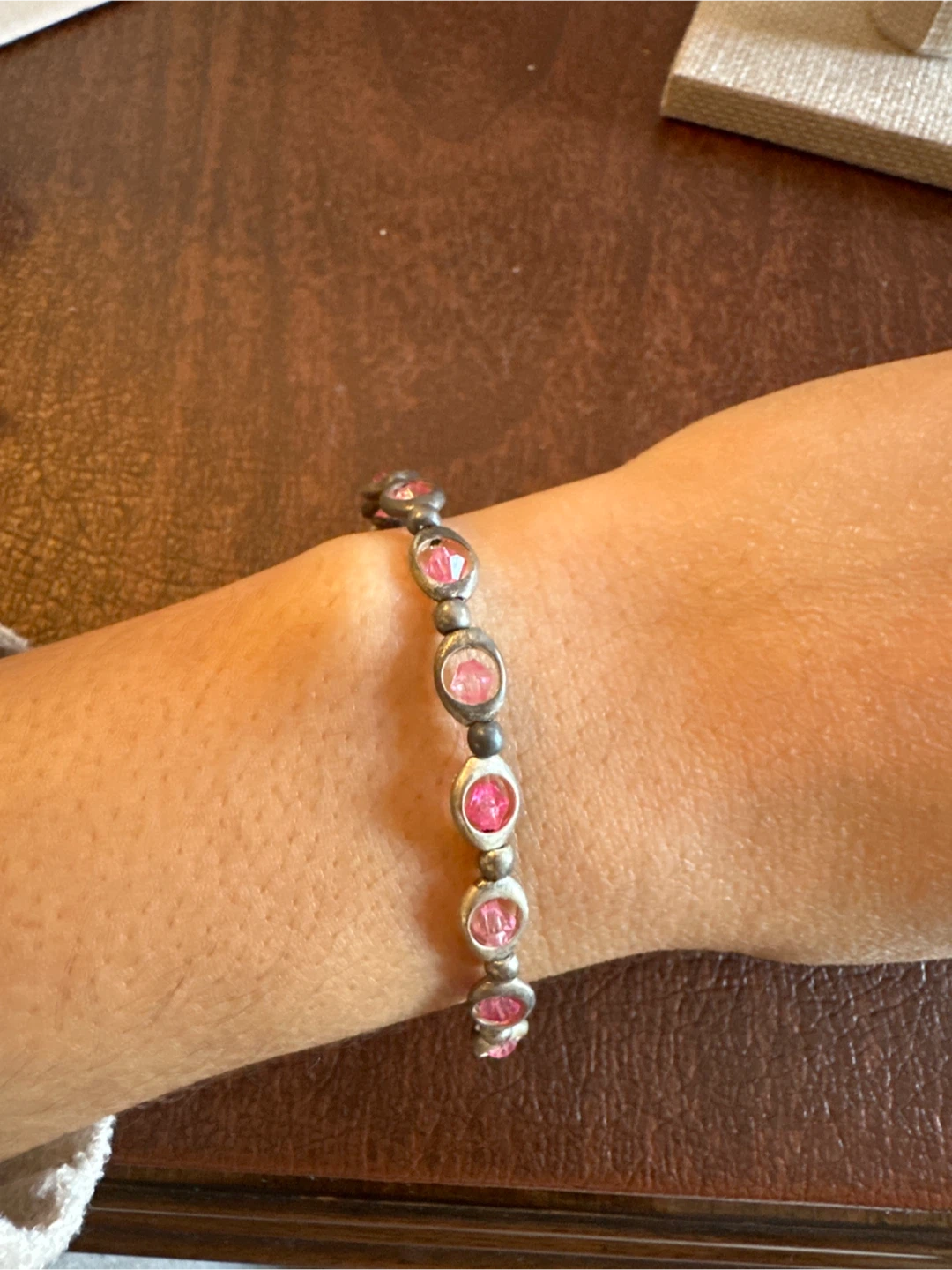 Silver tone bracelet with pink stones - photo 2