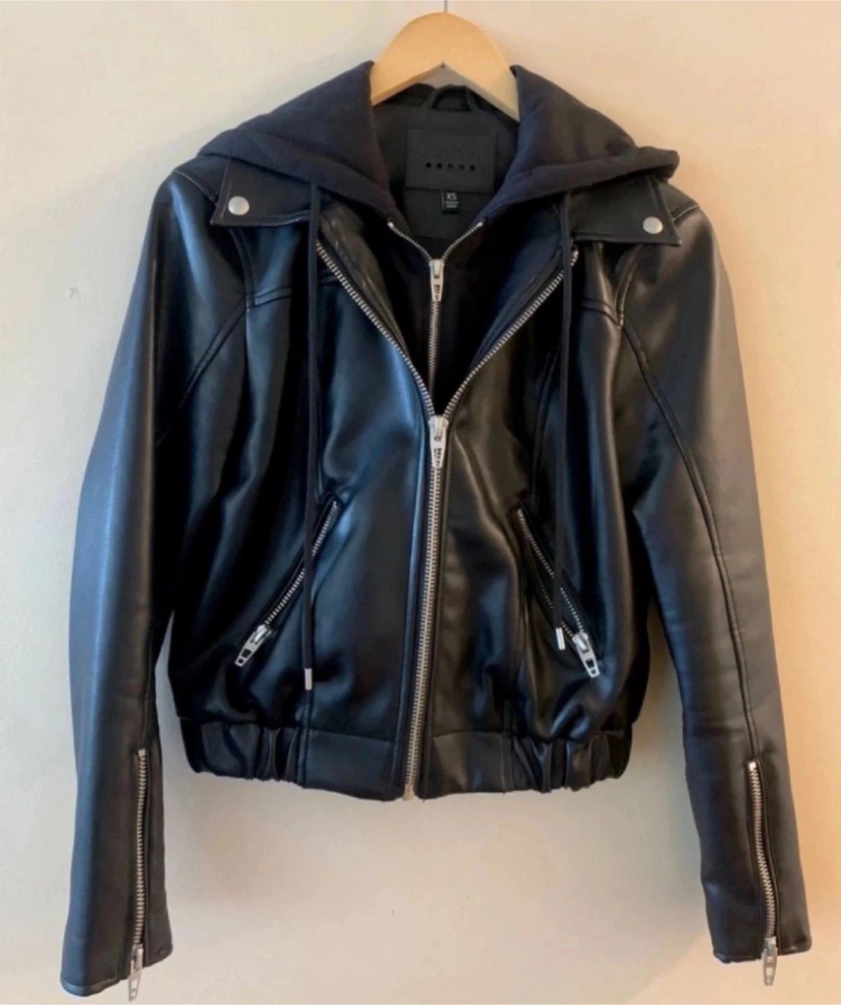 BLANKNYC Faux Leather Bomber Jacket with Removable Hood