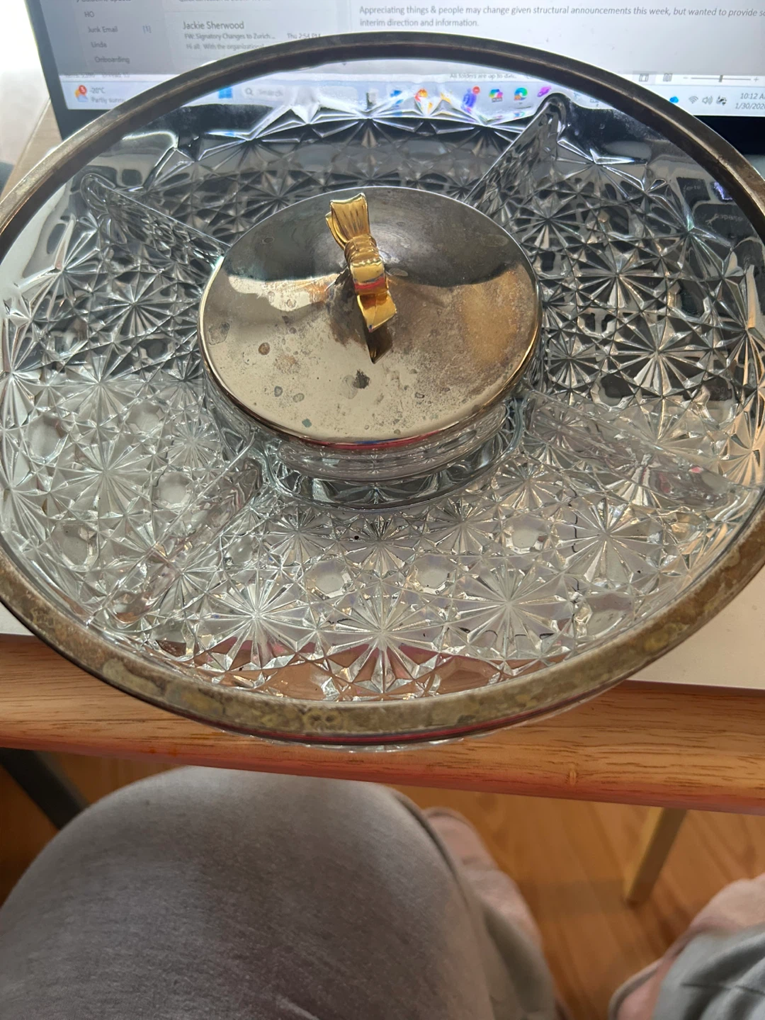 Crystal dish with dipping part , silver part needs cleaning - photo 4