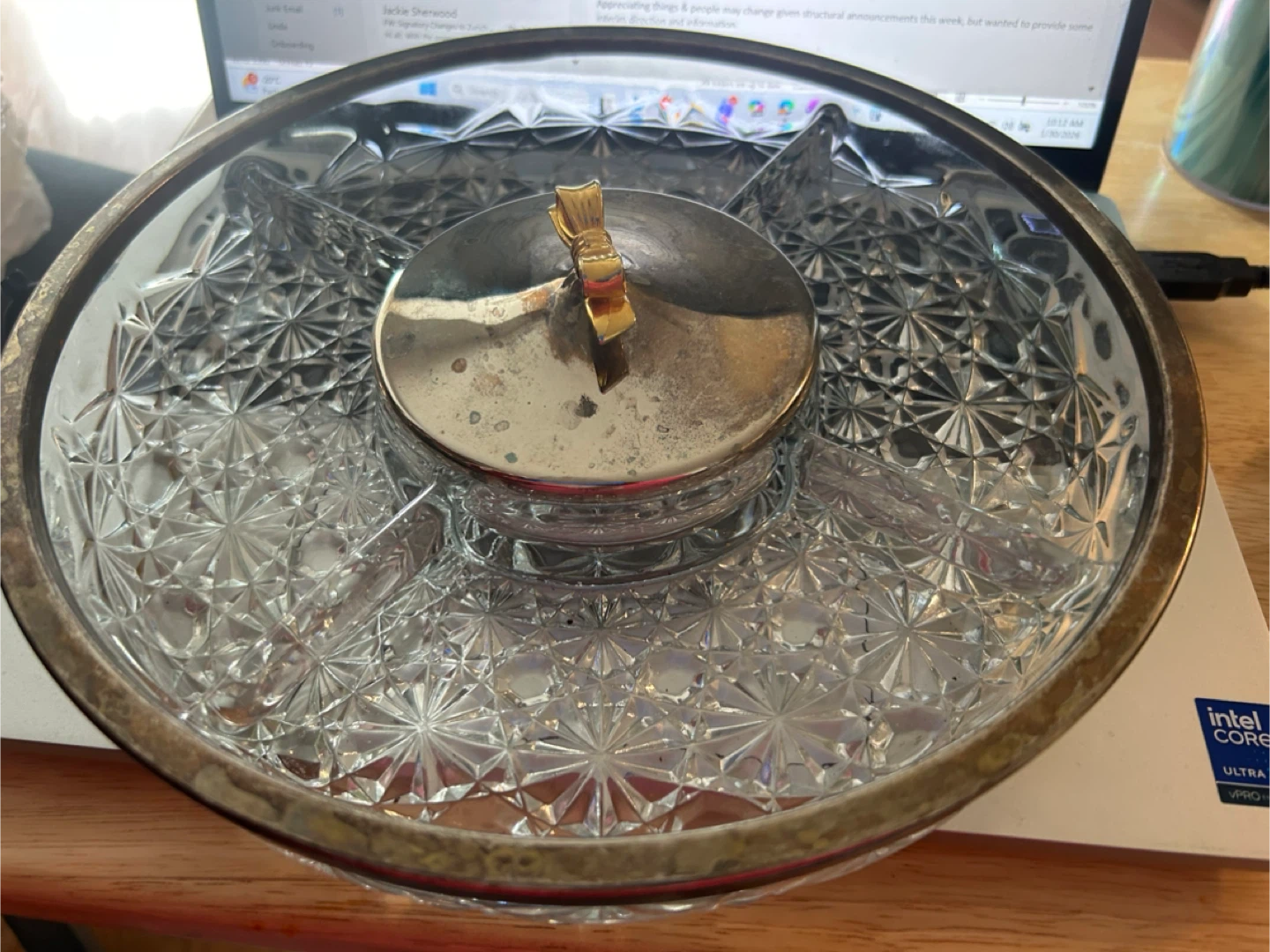 Crystal dish with dipping part , silver part needs cleaning - photo 3