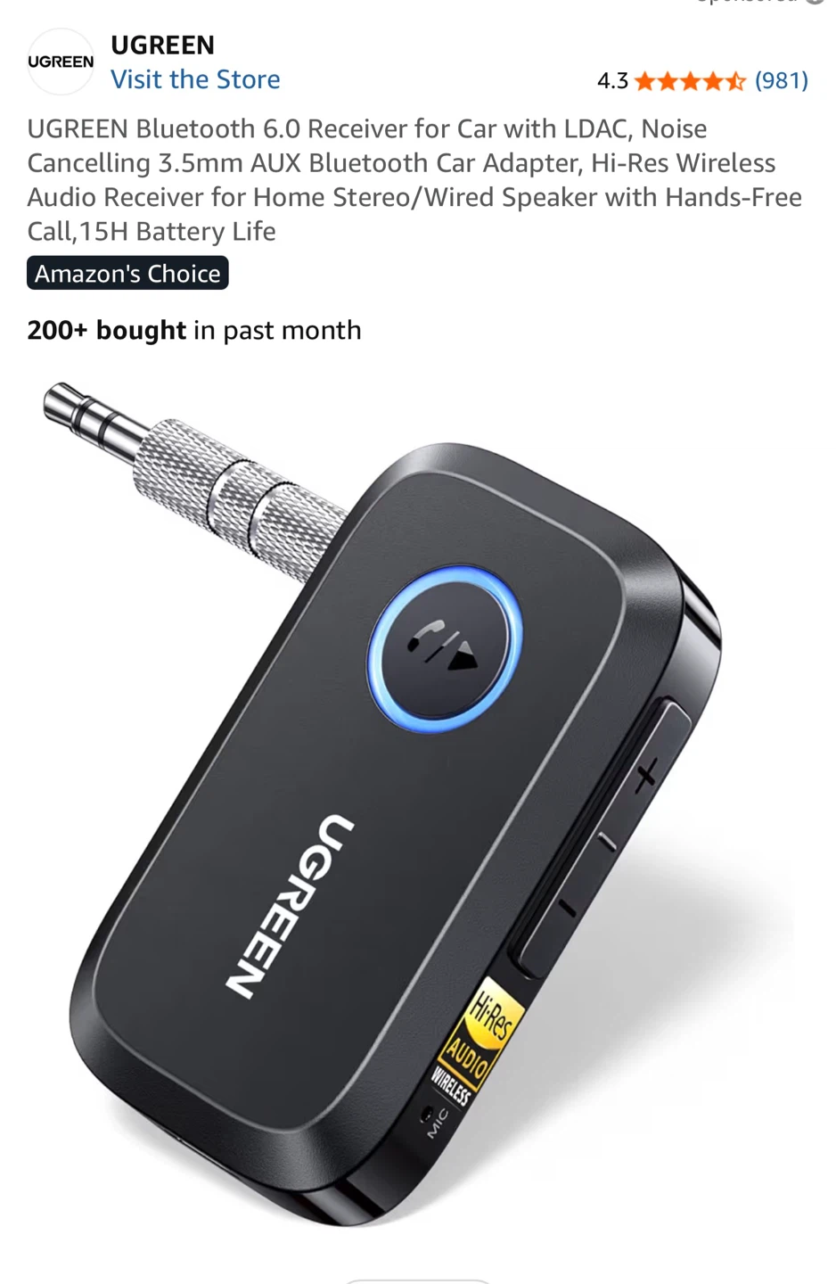 UGREEN Bluetooth 6.0 Receiver with Hi-Res Audio for Car/Home