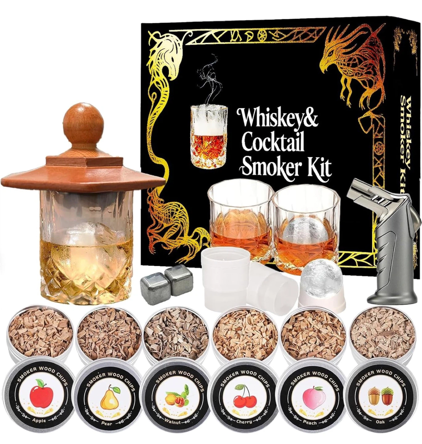 Whiskey & Cocktail Smoker Kit with Wood Chips and Torch