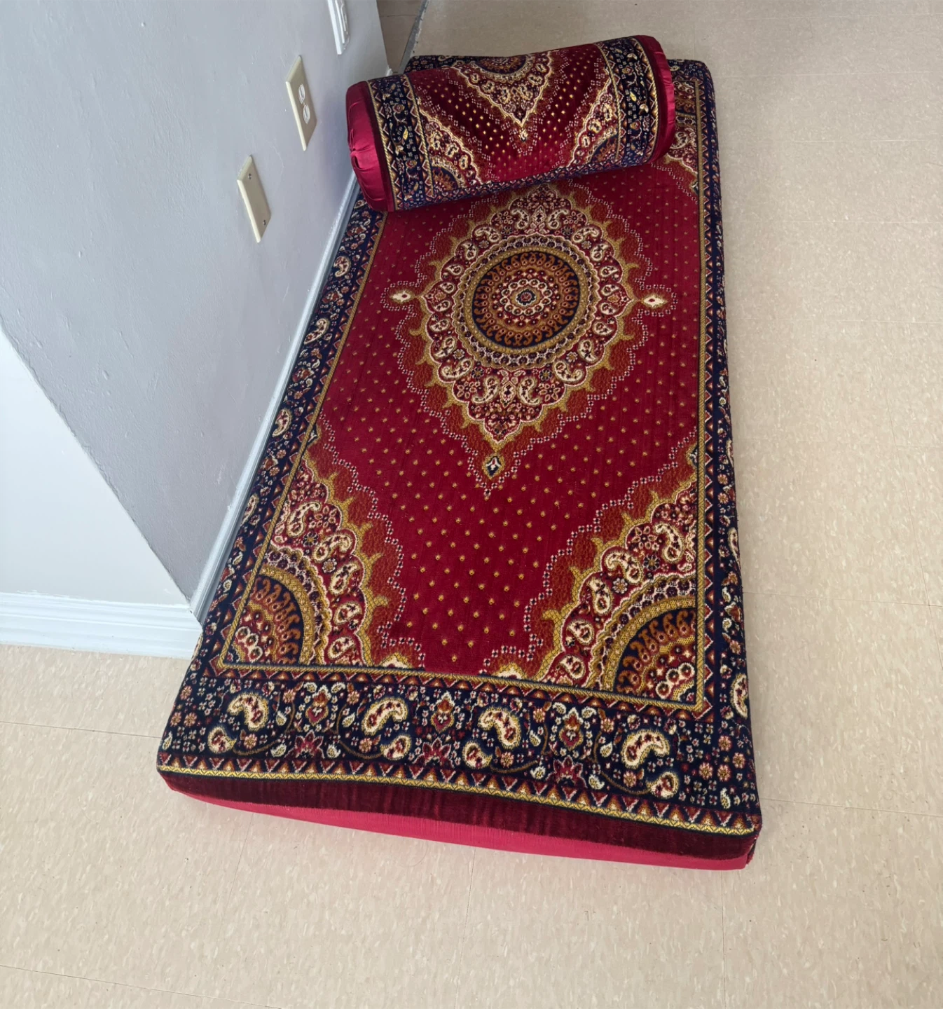 Red Decorative Floor Mat with Bolster Pillow
