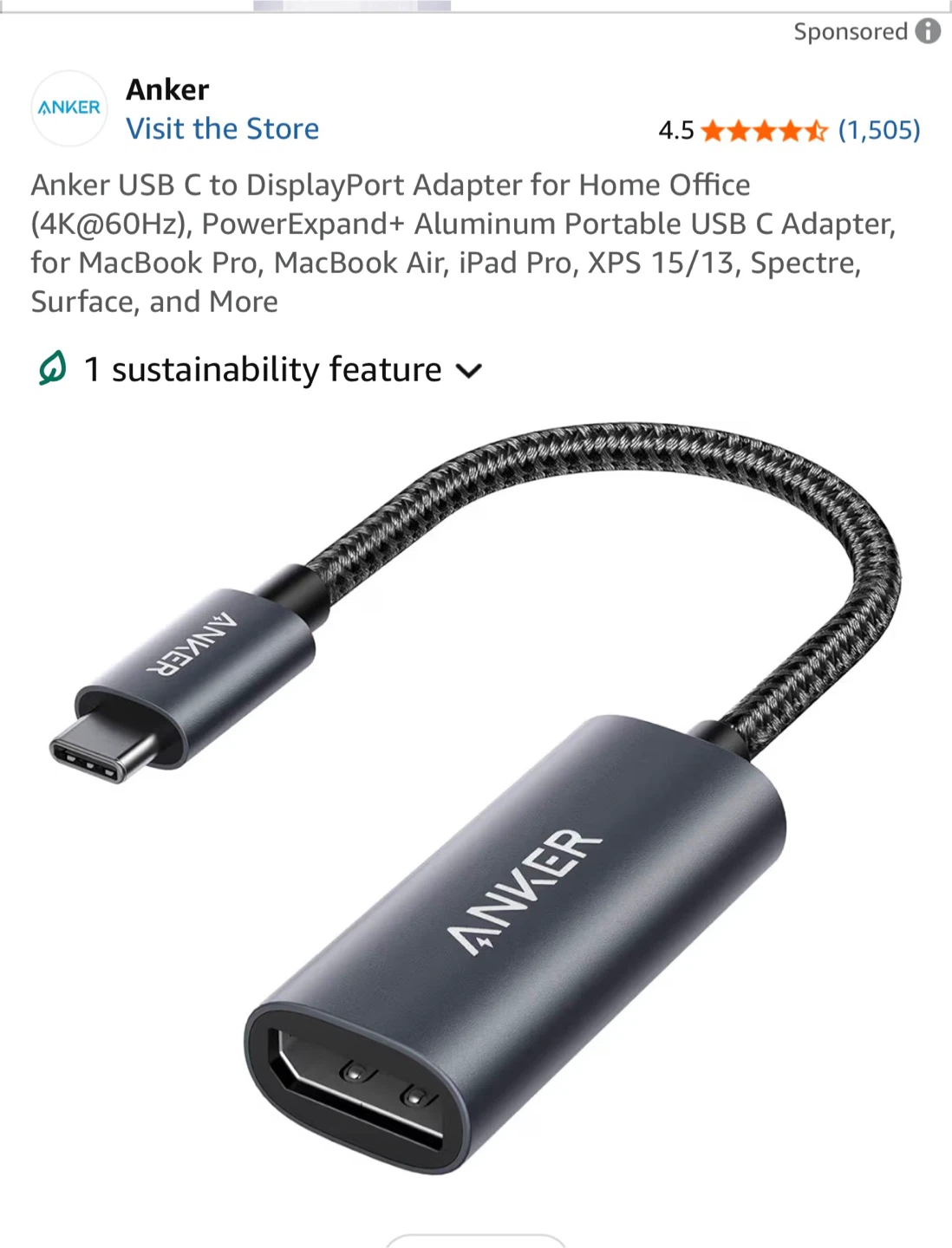 Anker USB C to DisplayPort Adapter 4K@60Hz