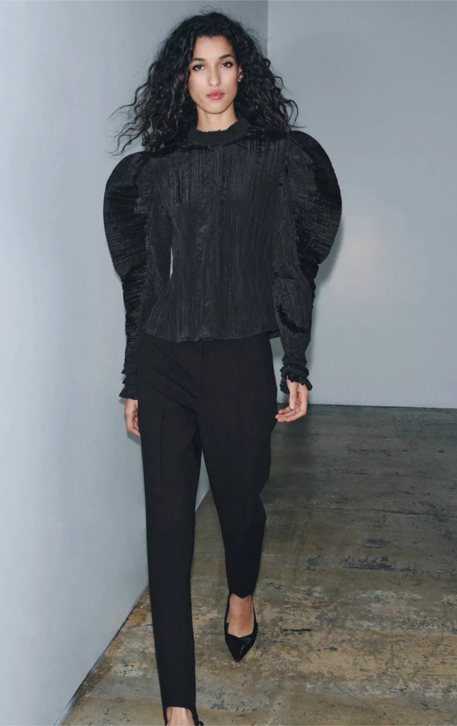 Zara Black Pleated Puff Sleeve Top