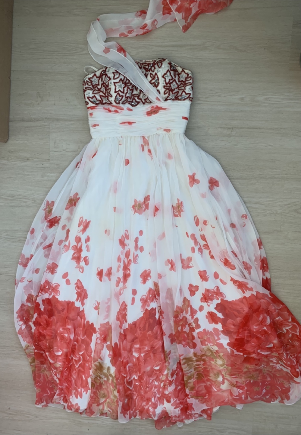 Prom Dress: White Strapless Chiffon Dress with Red Floral Print