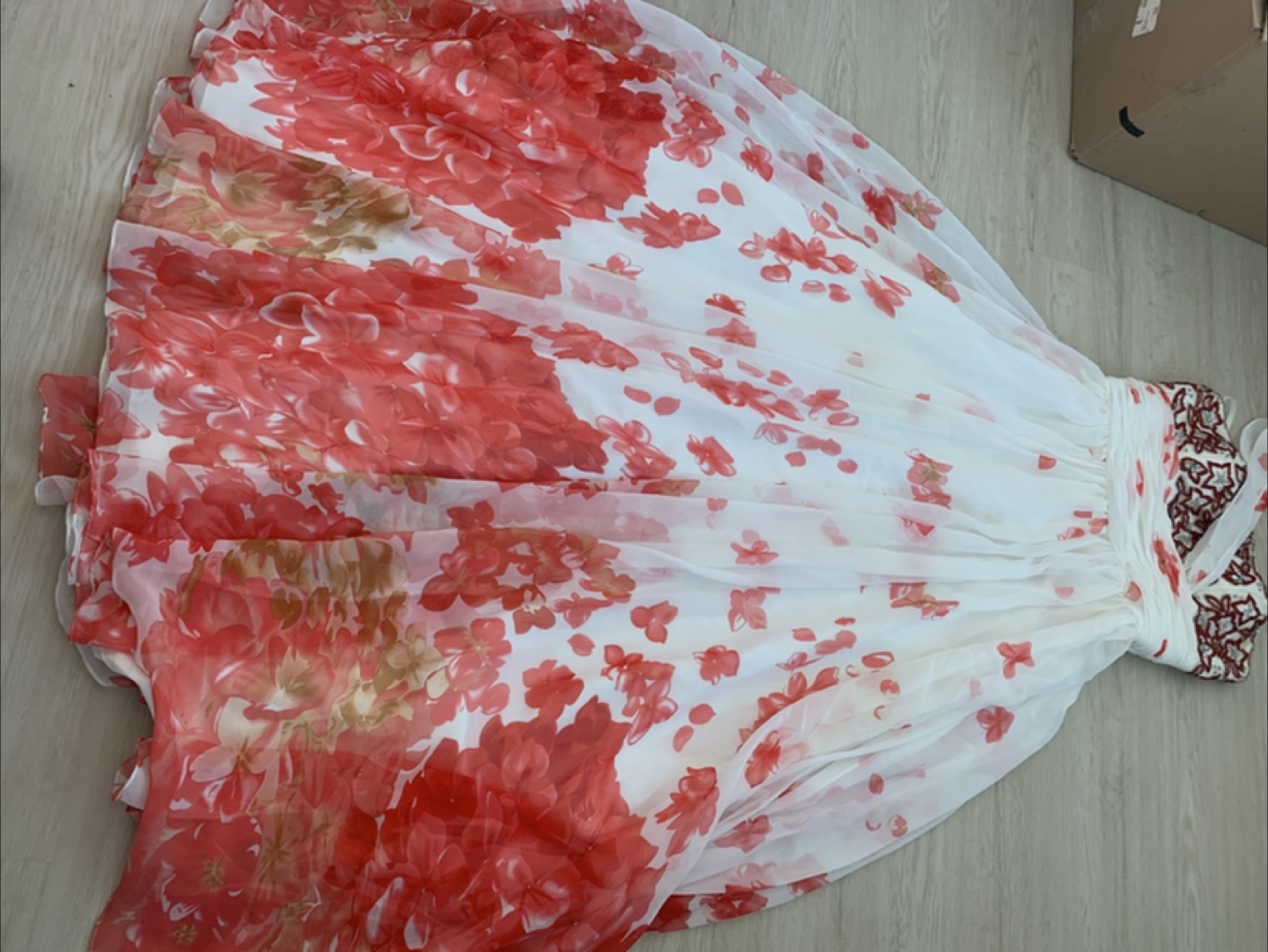 Prom Dress: White Strapless Chiffon Dress with Red Floral Print - photo 2