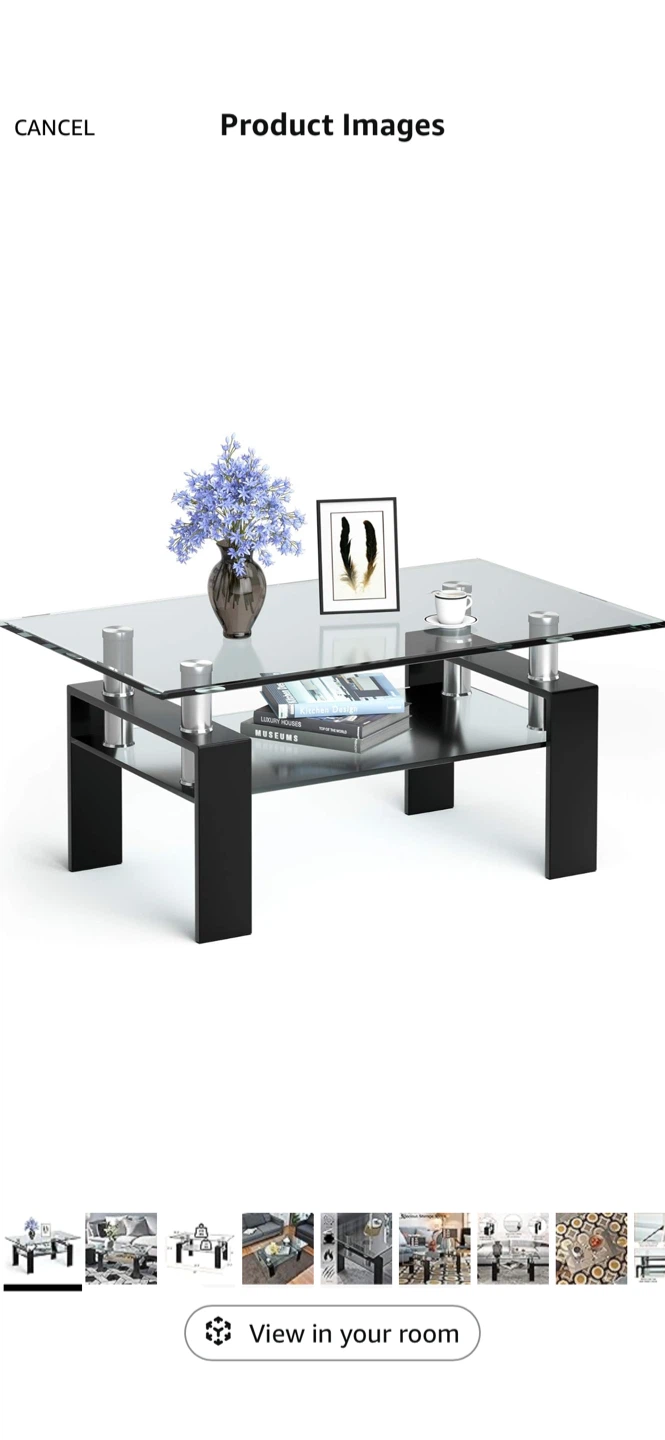 Glass Top Coffee Table with Black Wood Frame