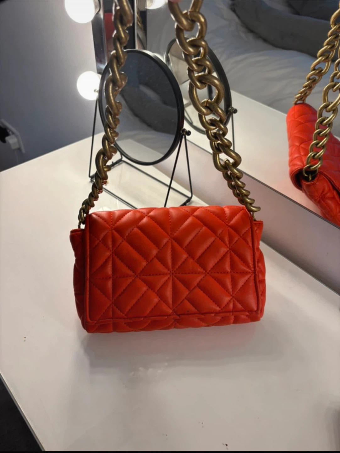 ZARA Quilted Crossbody Bag with Gold Chain - Orange