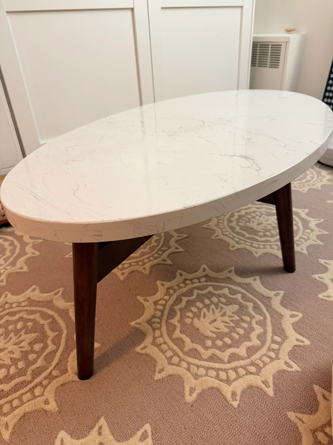 Oval Marble Top Coffee Table with Wood Legs