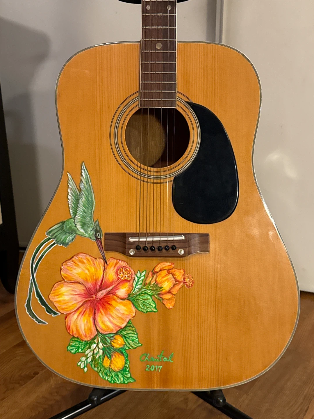 El Degas Acoustic Guitar with Hummingbird and Hibiscus Art - photo 2