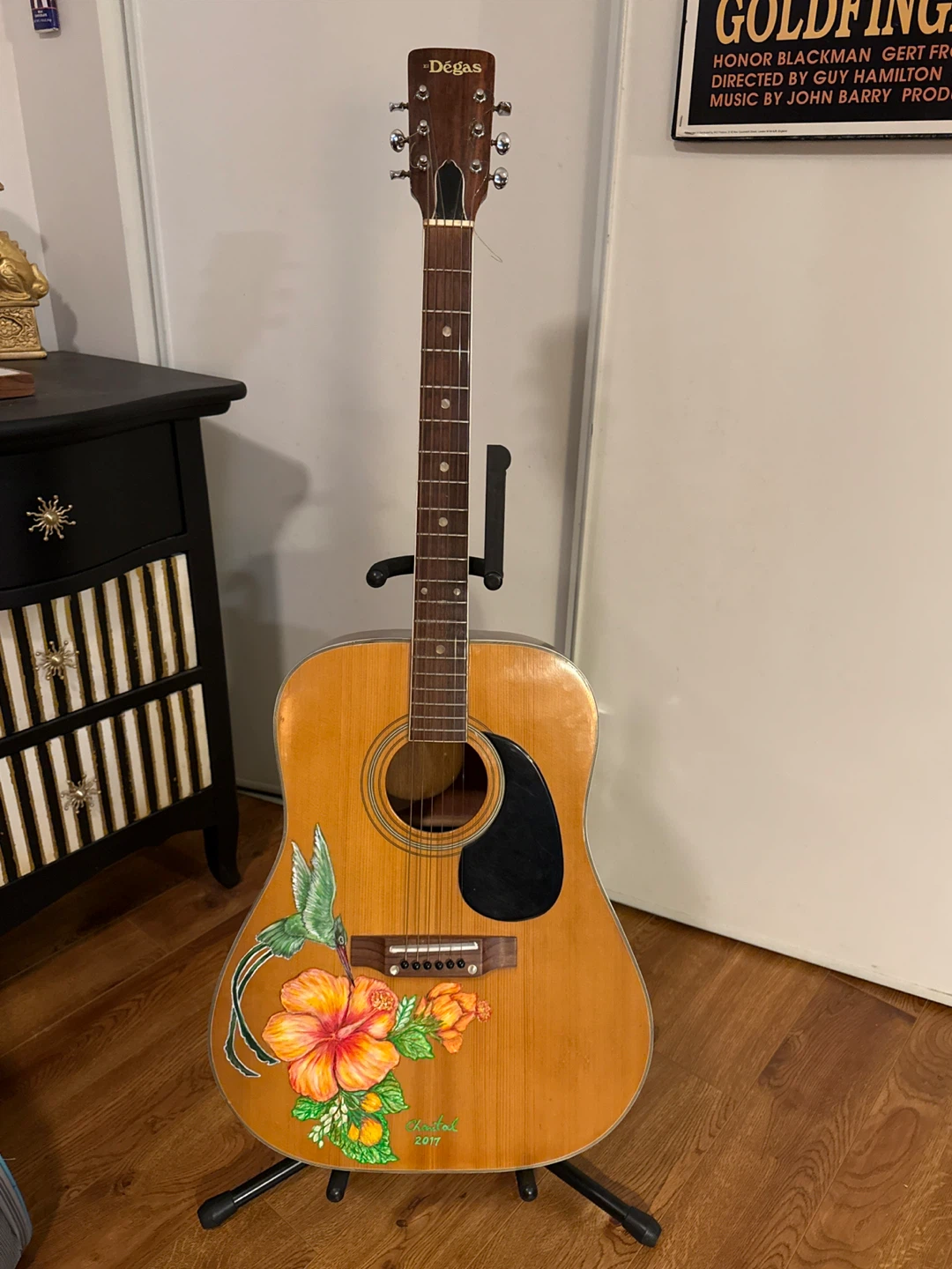 El Degas Acoustic Guitar with Hummingbird and Hibiscus Art