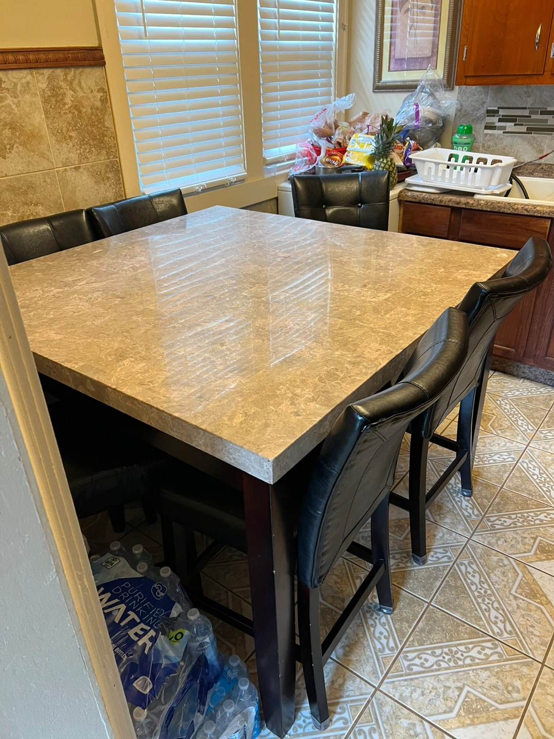 Square Dining Table with 6 Black Faux Leather Chairs