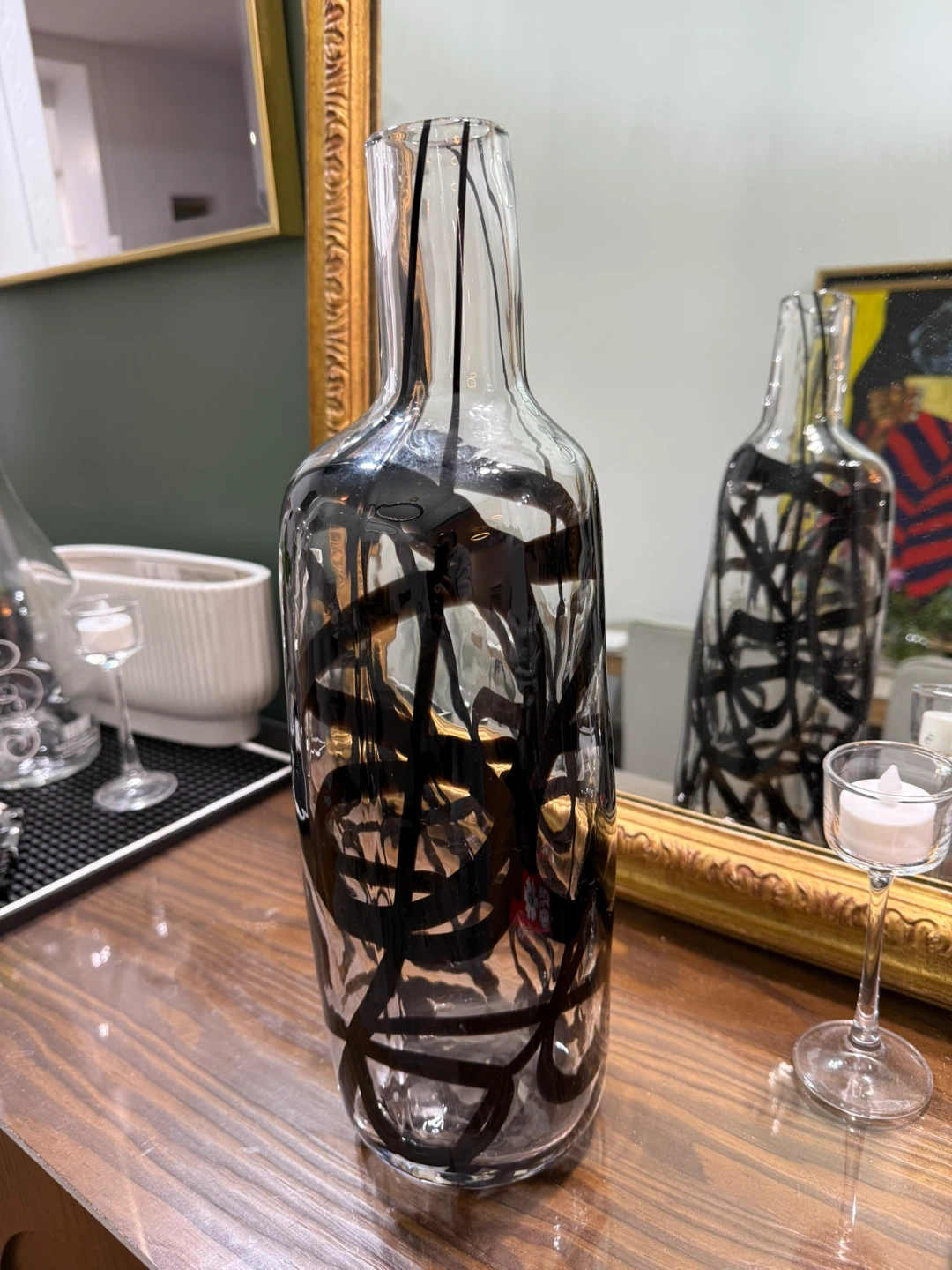 Clear Glass Vase with Black Swirl Design