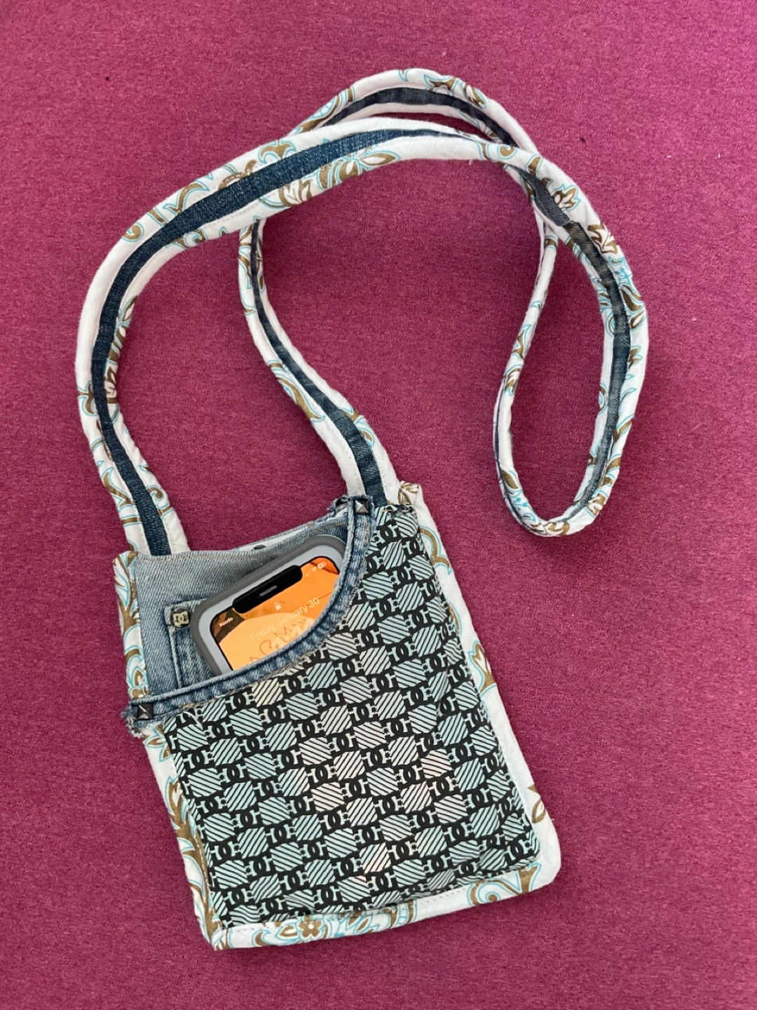 One of a Kind Handmade Denim & Patterned Fabric Crossbody Bag