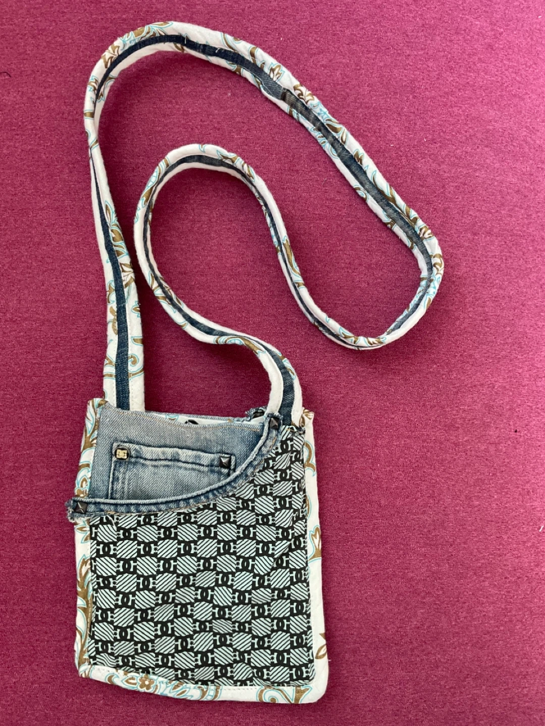 One of a Kind Handmade Denim & Patterned Fabric Crossbody Bag - photo 2