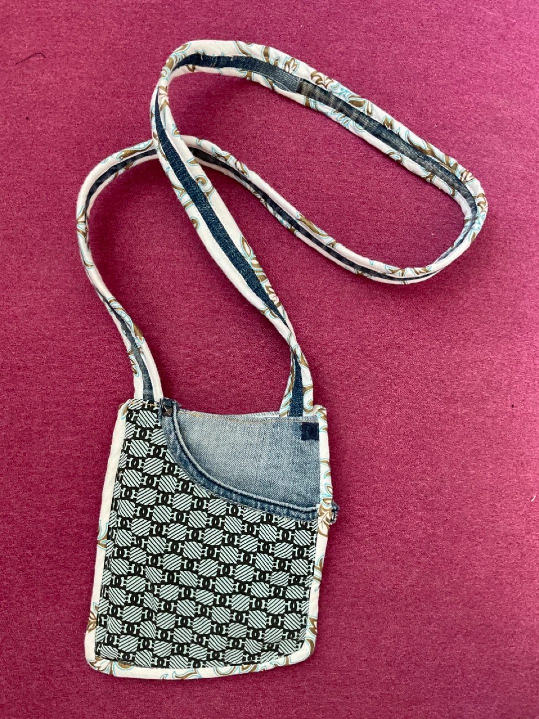 One of a Kind Handmade Denim & Patterned Fabric Crossbody Bag - photo 3