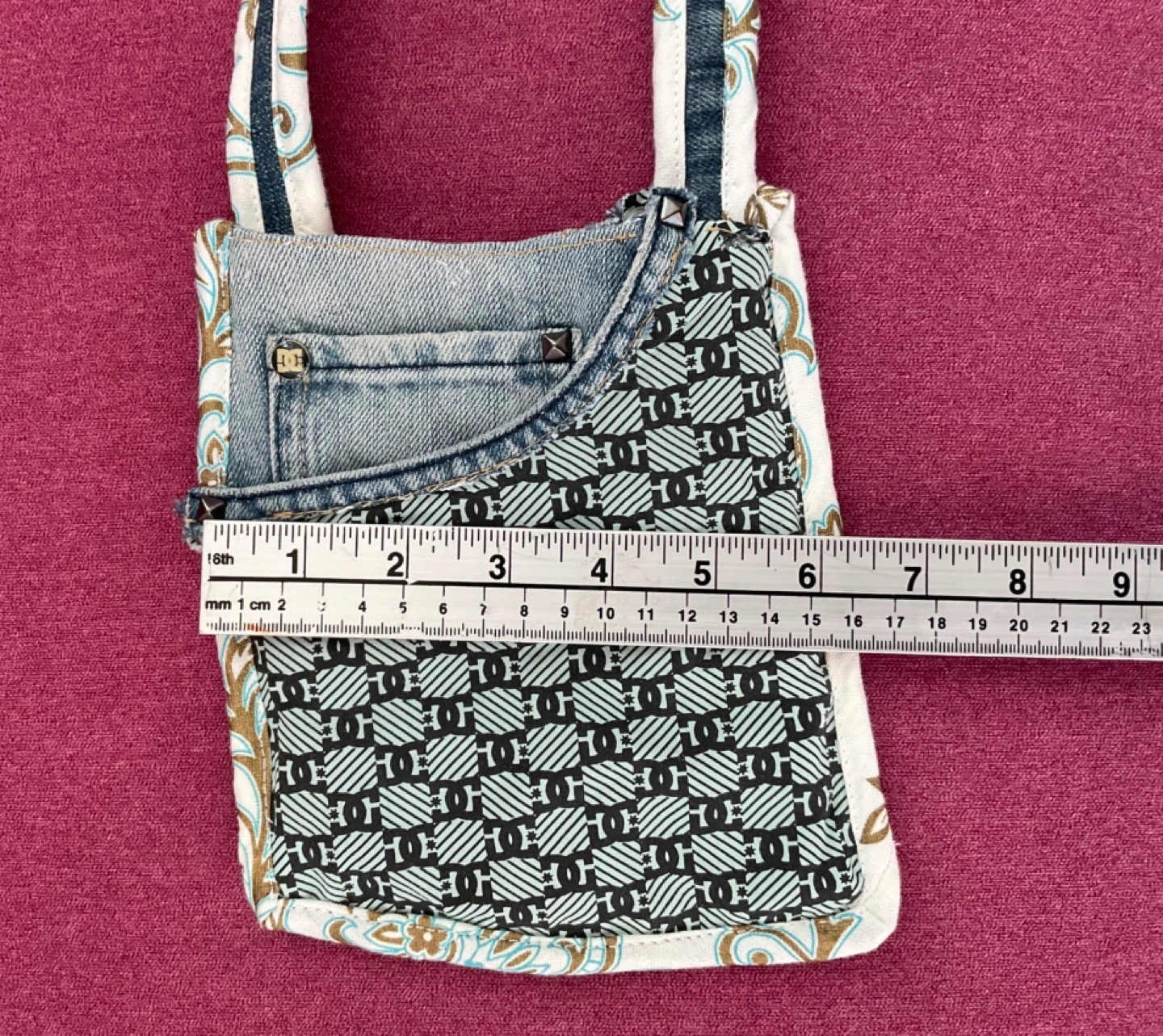 One of a Kind Handmade Denim & Patterned Fabric Crossbody Bag - photo 4