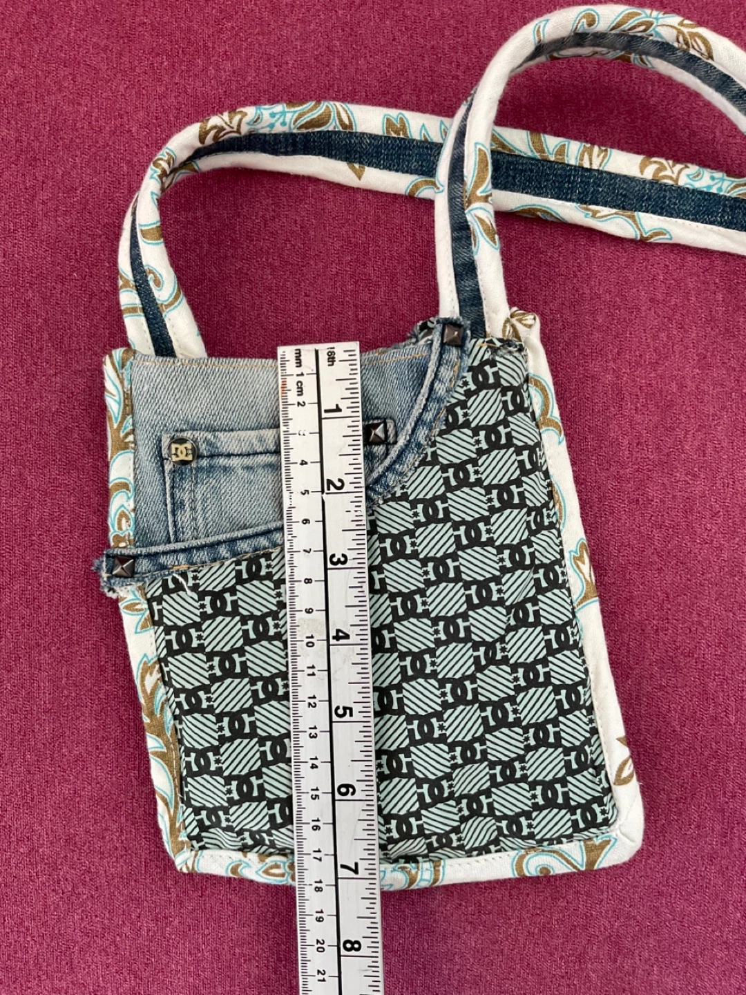 One of a Kind Handmade Denim & Patterned Fabric Crossbody Bag - photo 5