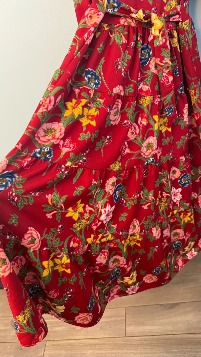 Chic Red Floral Tiered Maxi Dress with Belt free size - photo 4