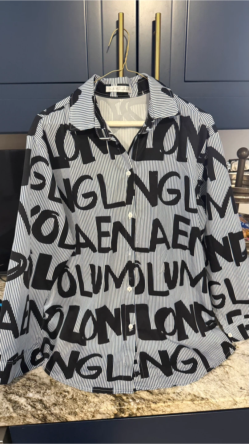 White & Black Striped Button-Up Shirt with Text Print