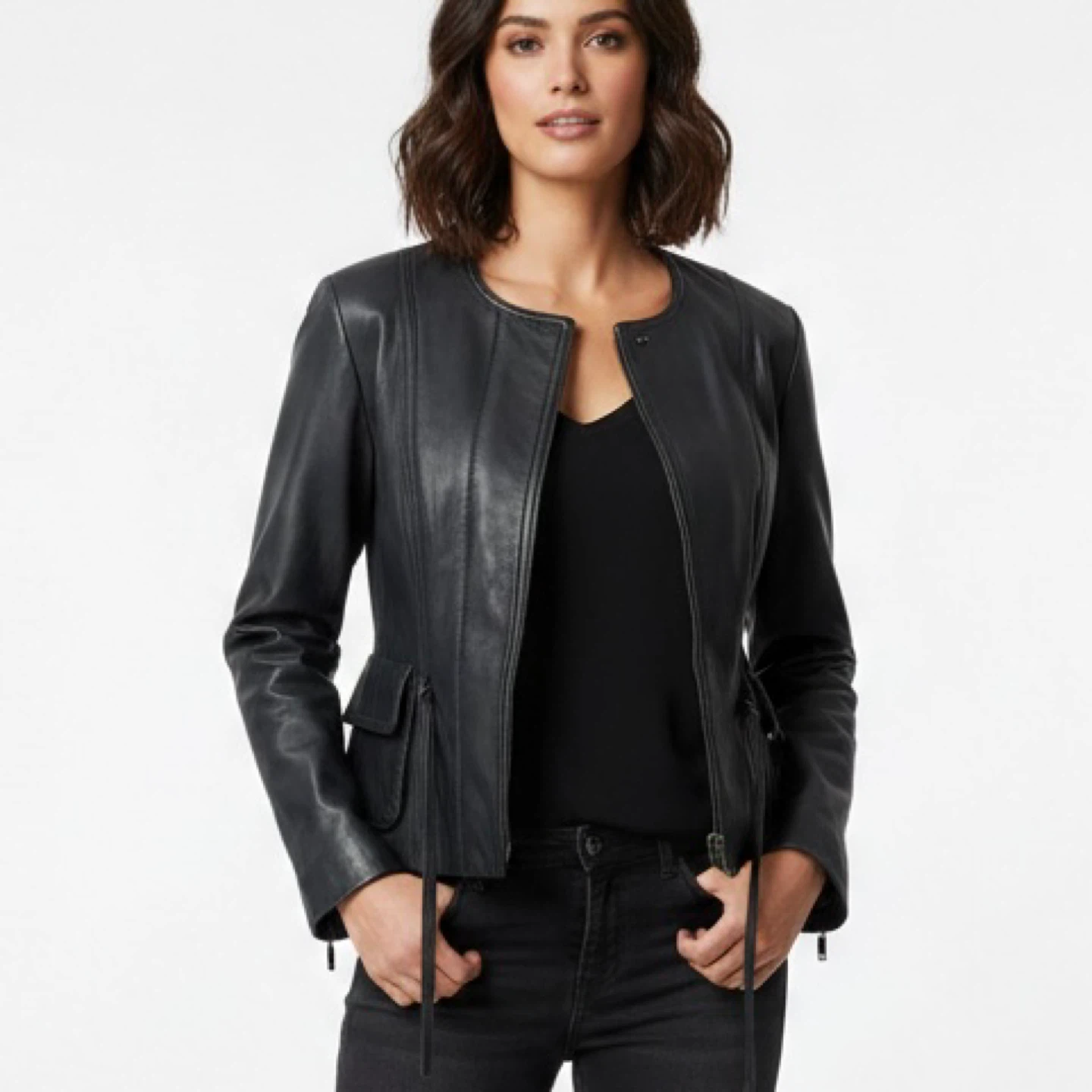 Sandra Angelozzi Genuine Leather Fitted Bluish Black Jacket Sz S