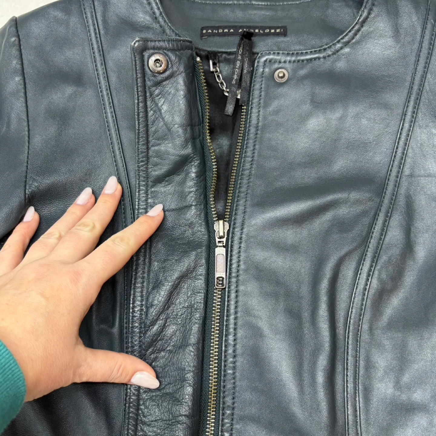 Sandra Angelozzi Genuine Leather Fitted Bluish Black Jacket Sz S - photo 4