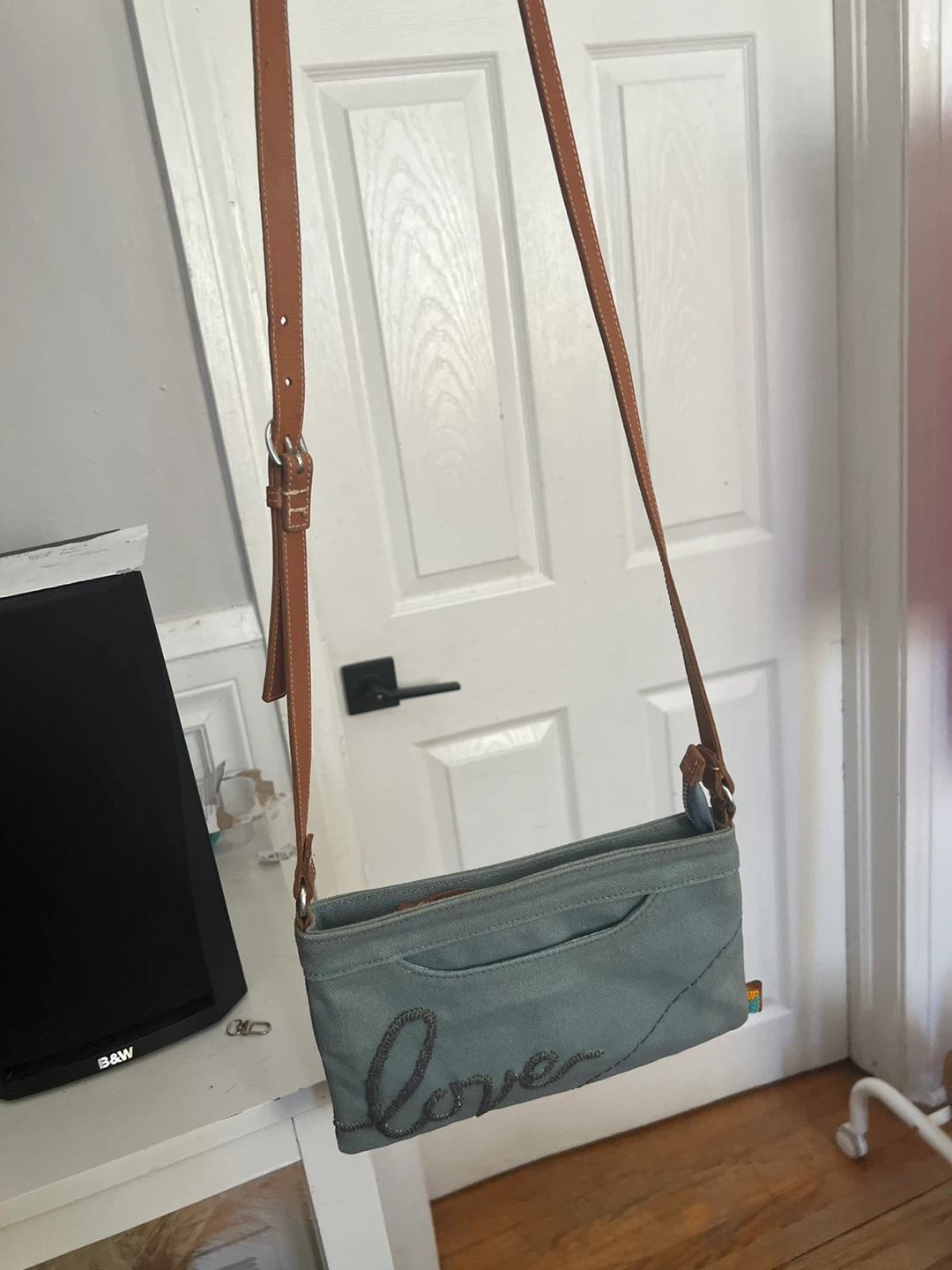 Bluish gray Canvas Crossbody Bag with "love" Embroidery - photo 2
