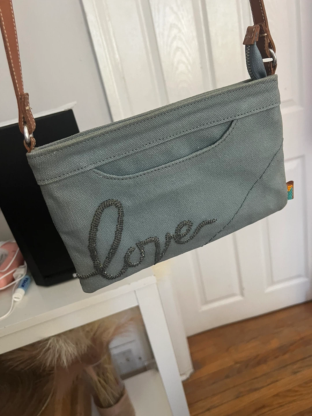 Bluish gray Canvas Crossbody Bag with "love" Embroidery