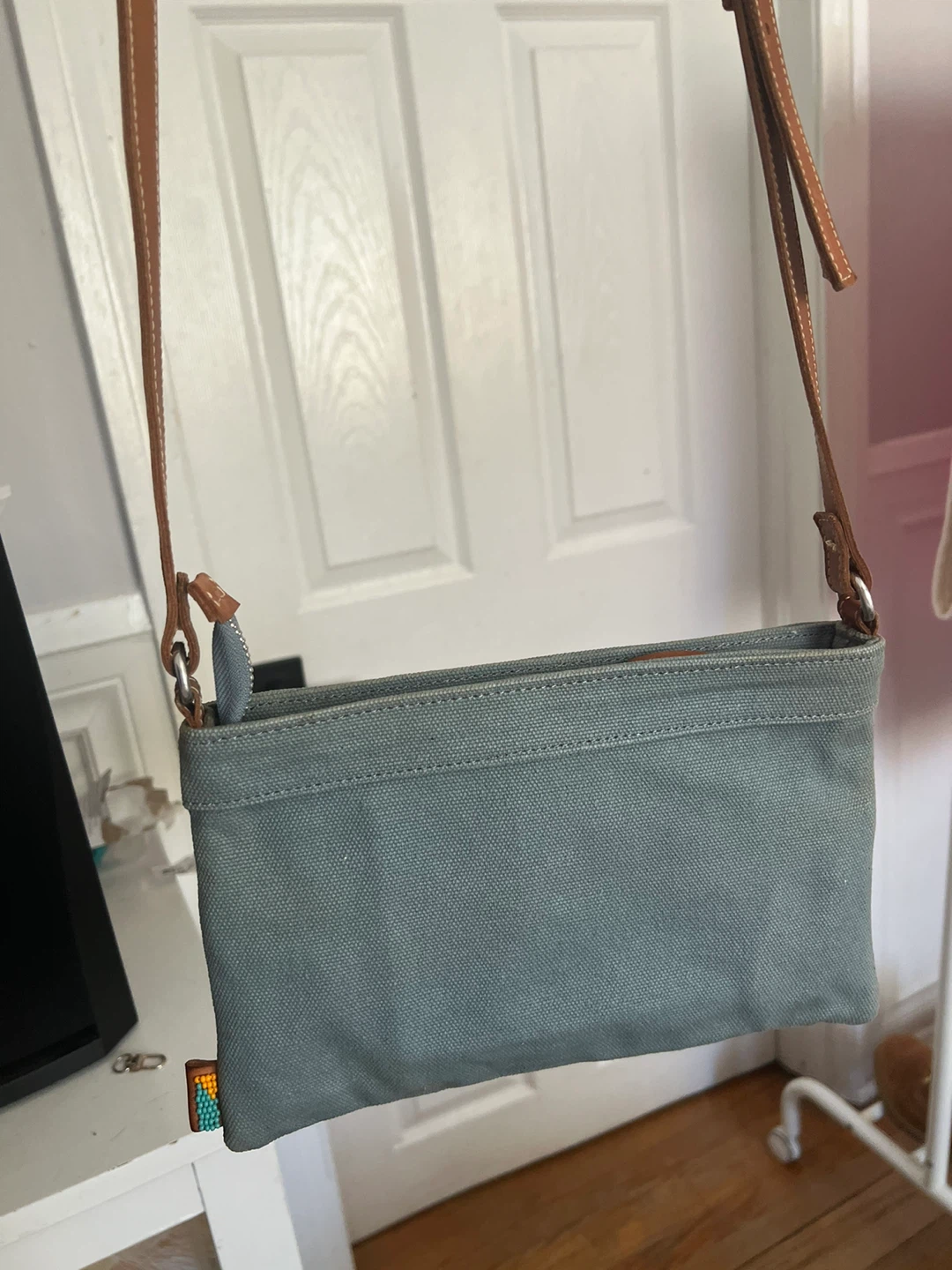 Bluish gray Canvas Crossbody Bag with "love" Embroidery - photo 3