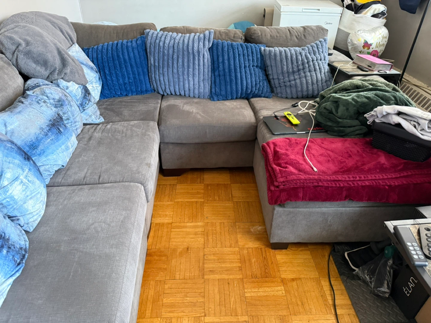 Grey Sectional Couch with Accent Pillows