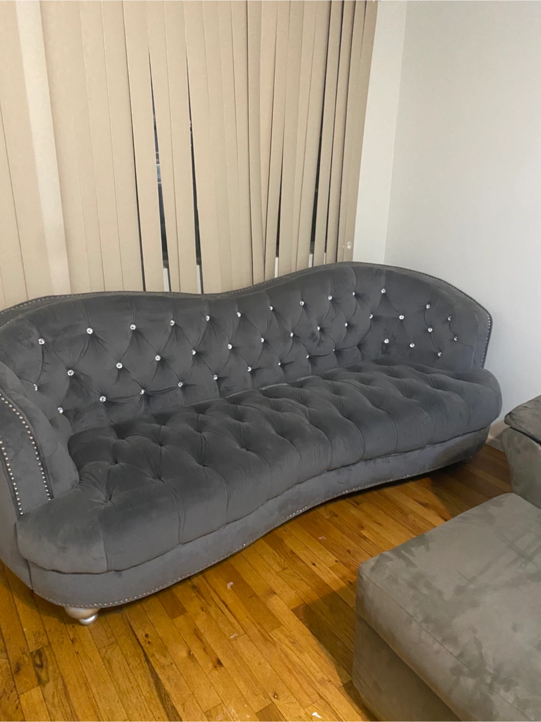 Gray Velvet Tufted Sofa with Crystal Accents