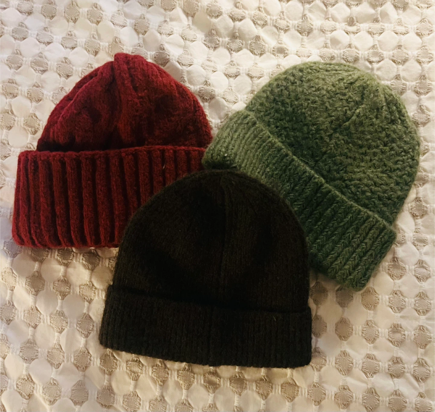 Bundle of 3 Knit Beanies - Green, Burgundy, Brown