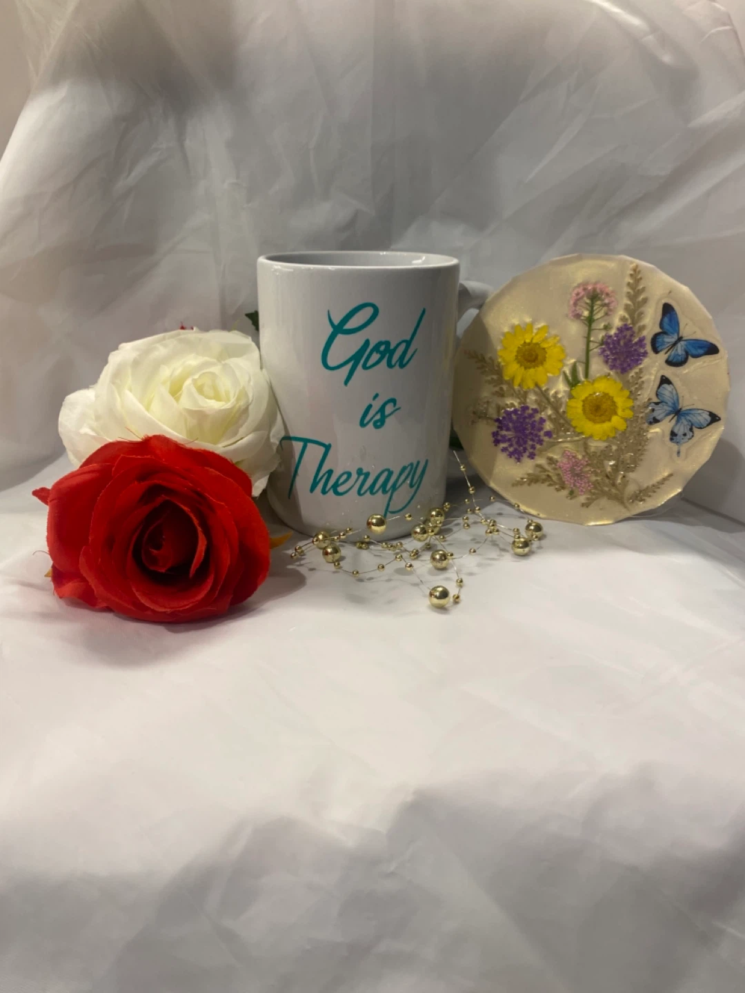 White Ceramic Mug "God is Therapy"