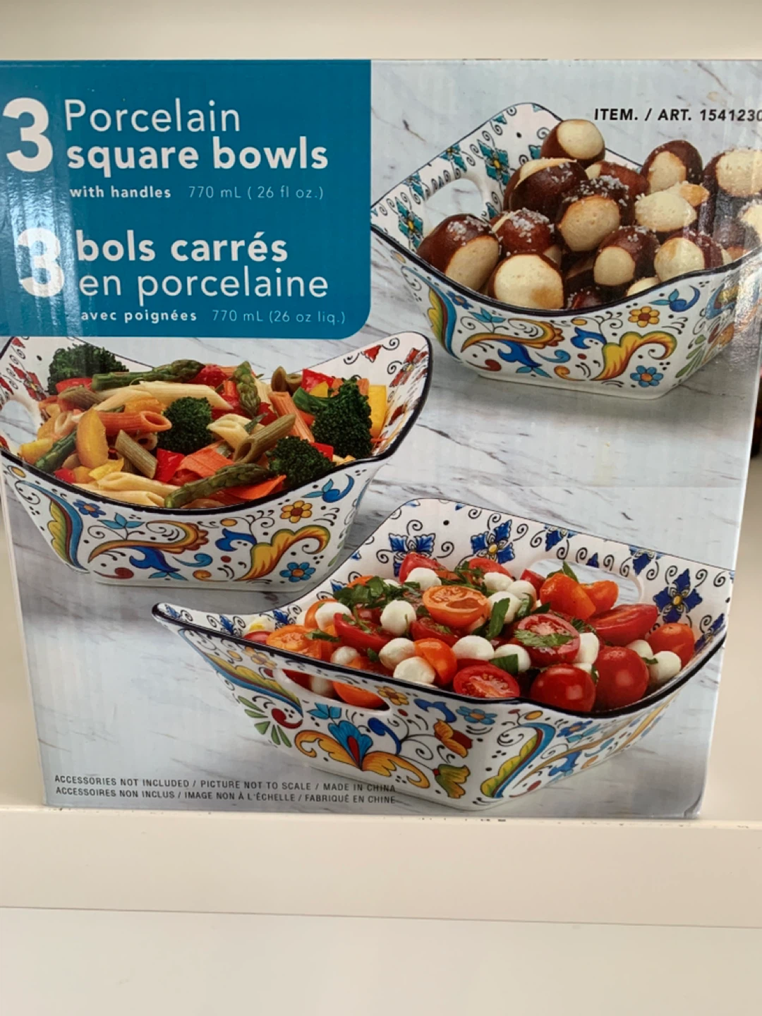 New in box -3 Porcelain Square Serving Bowls with Handles
