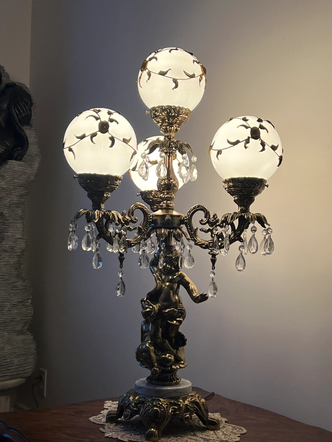 Ornate Cherub Table Lamp with Crystal Accents