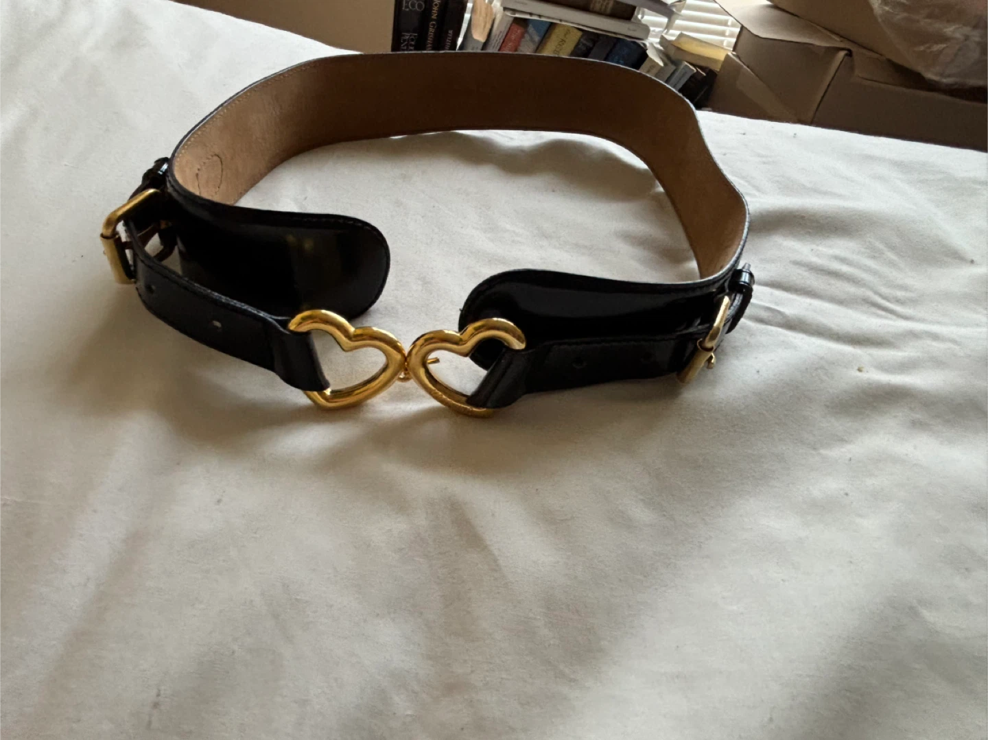 Vintage Moschino Black Patent Belt with Gold Heart Buckle