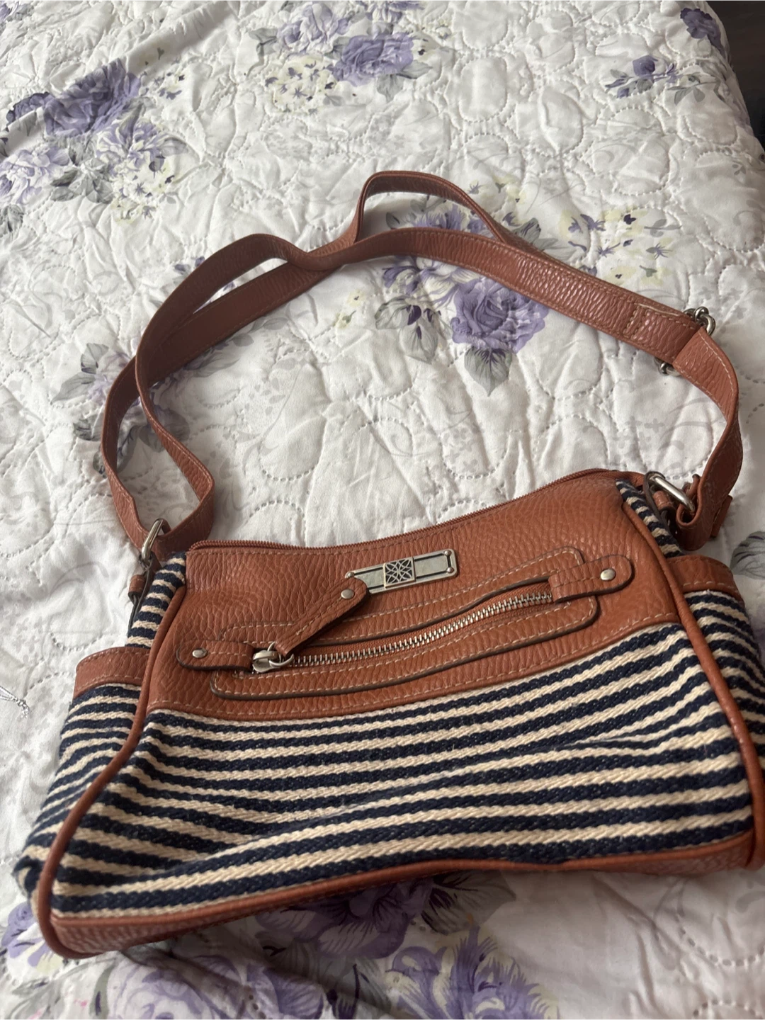 Brown and White Striped Shoulder Bag