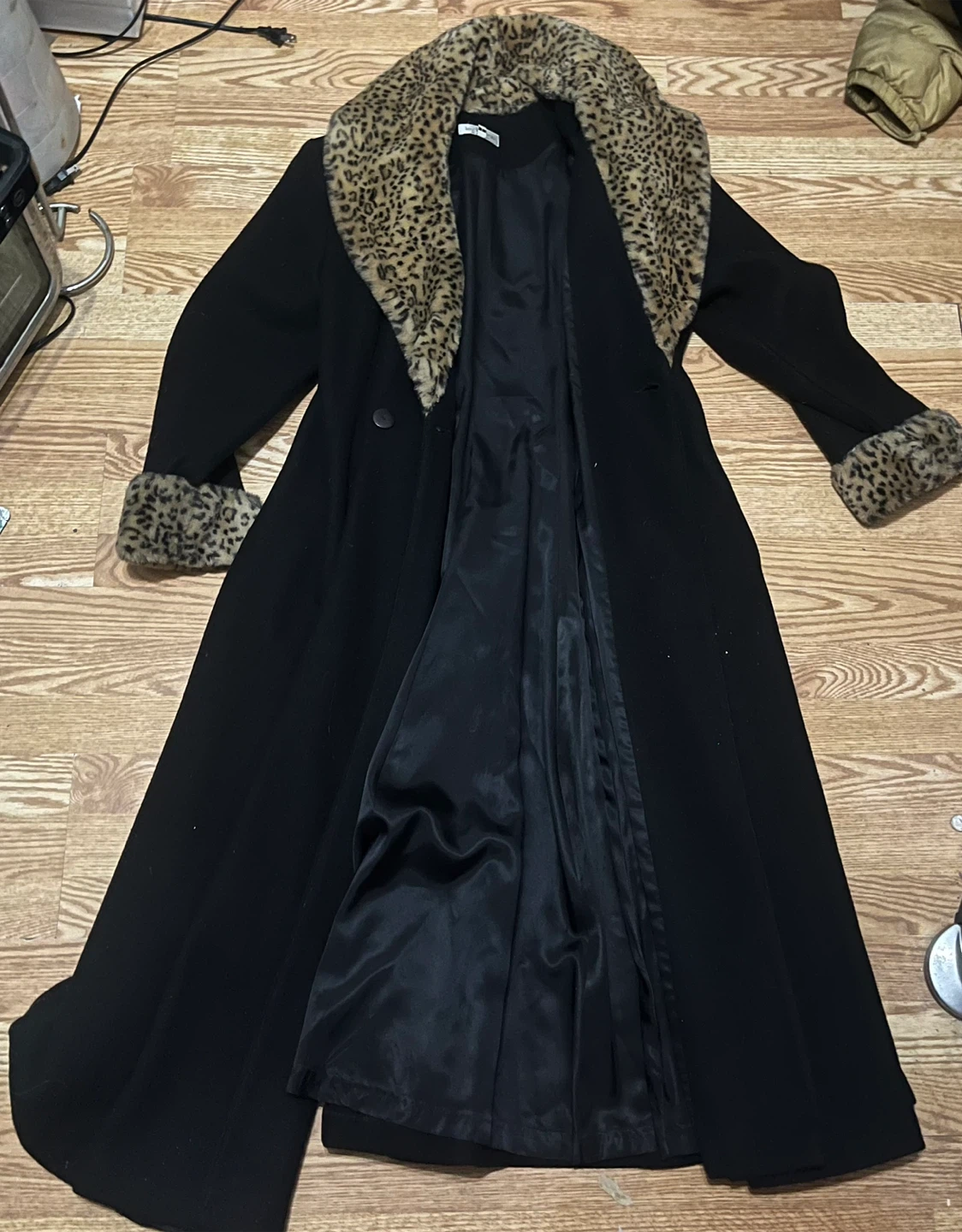 Black Maxi Coat with Faux Fur Leopard Print Collar and Cuffs