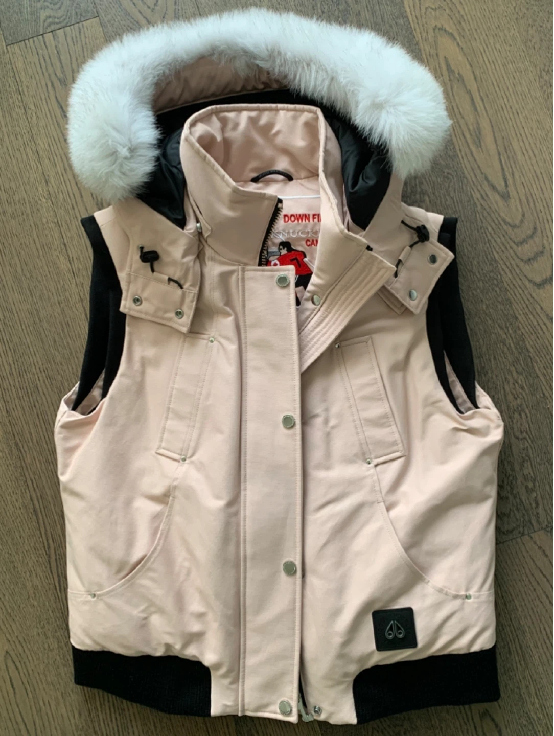 Moose Knuckles Pink Down Vest with Fur Hood