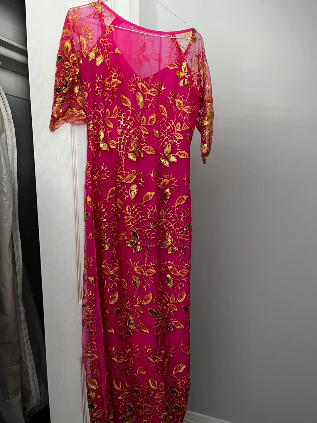 Women's Fushia Lace Dress with Gold Embroidery - photo 2