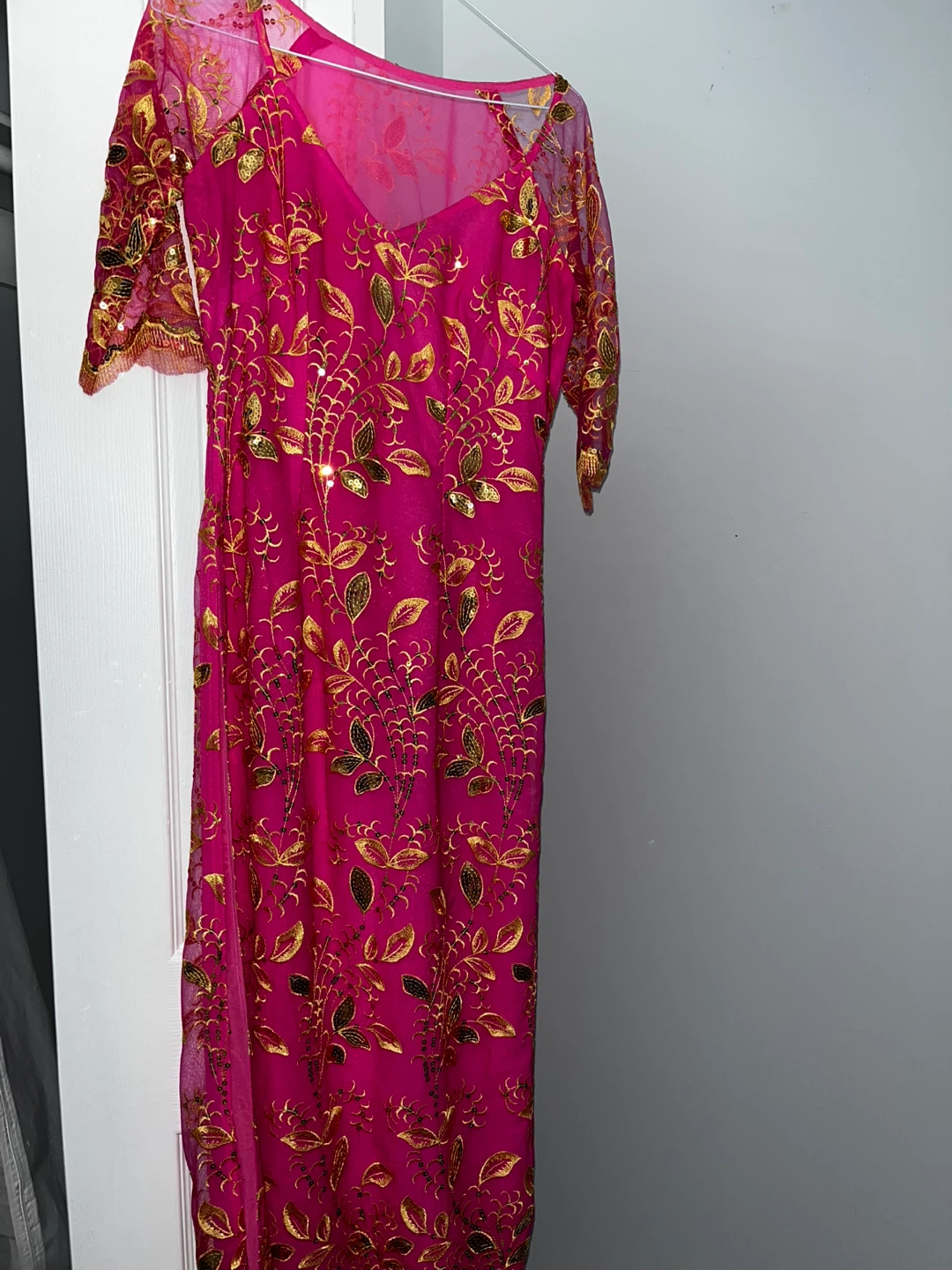 Women's Fushia Lace Dress with Gold Embroidery