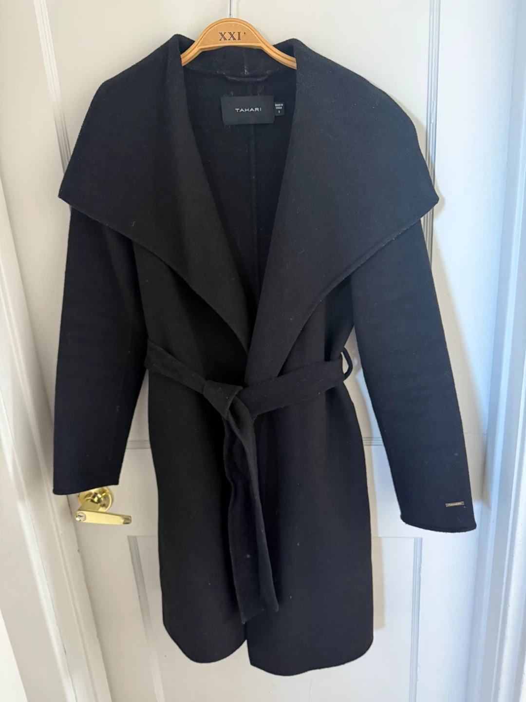 Tahari Black Belted Wrap Coat Size S