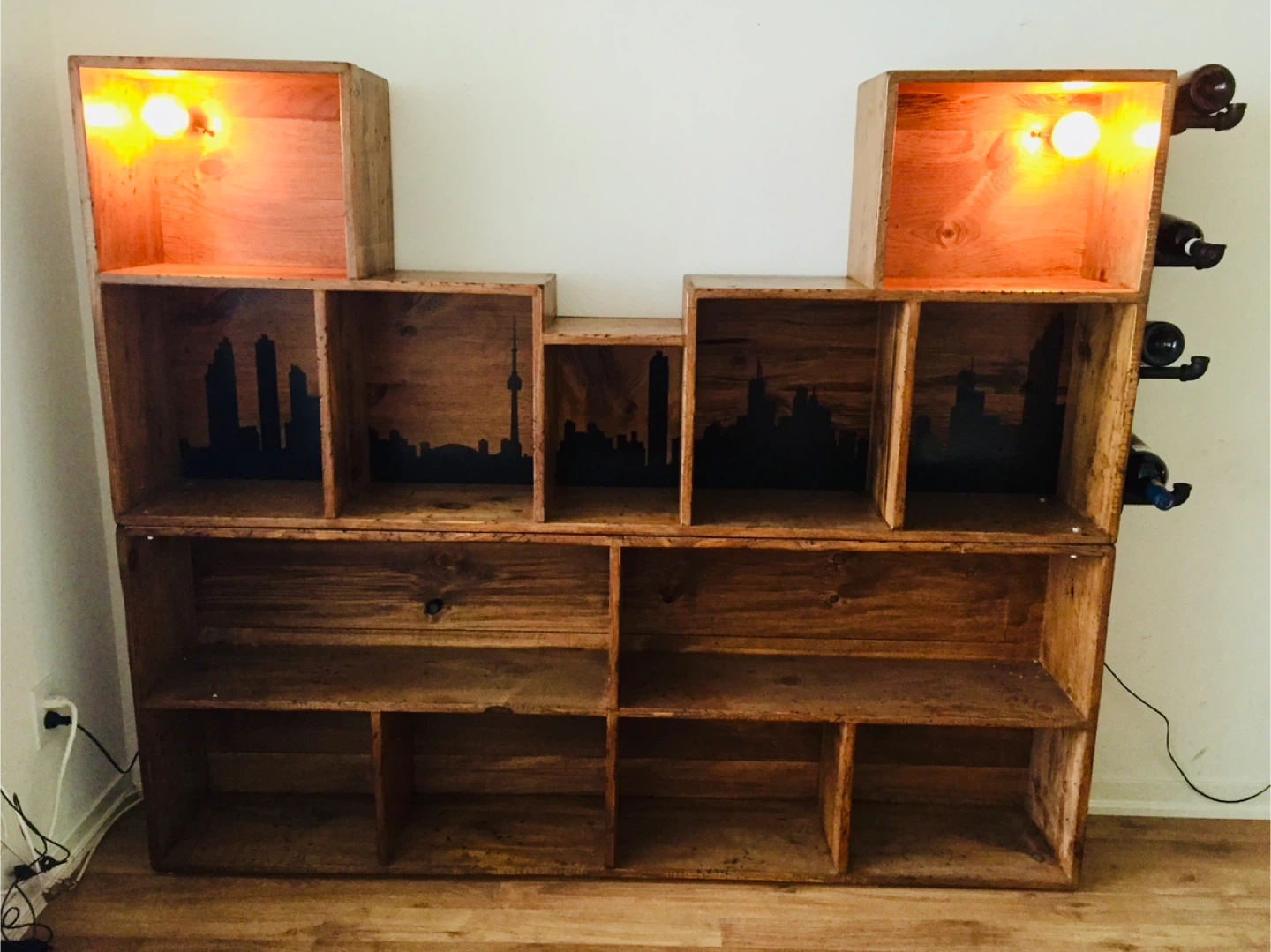Wooden Bookshelf and Wine Rack with Built-in Lights
