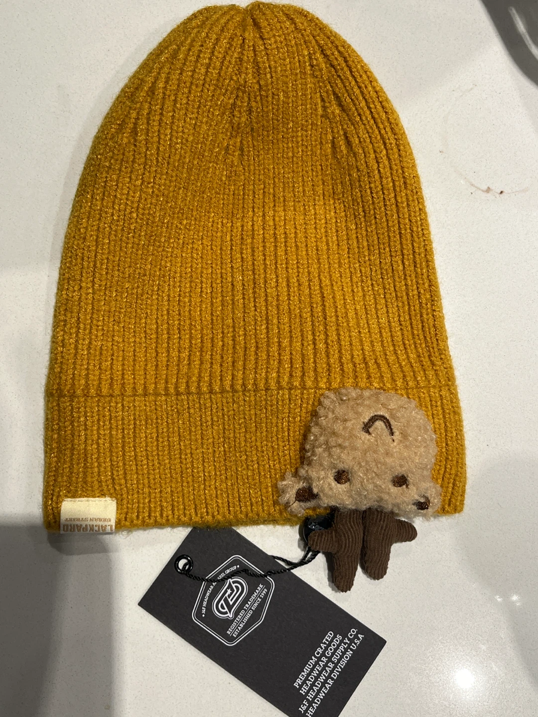 LACKPARD Mustard Yellow Beanie with Teddy Bear Charm