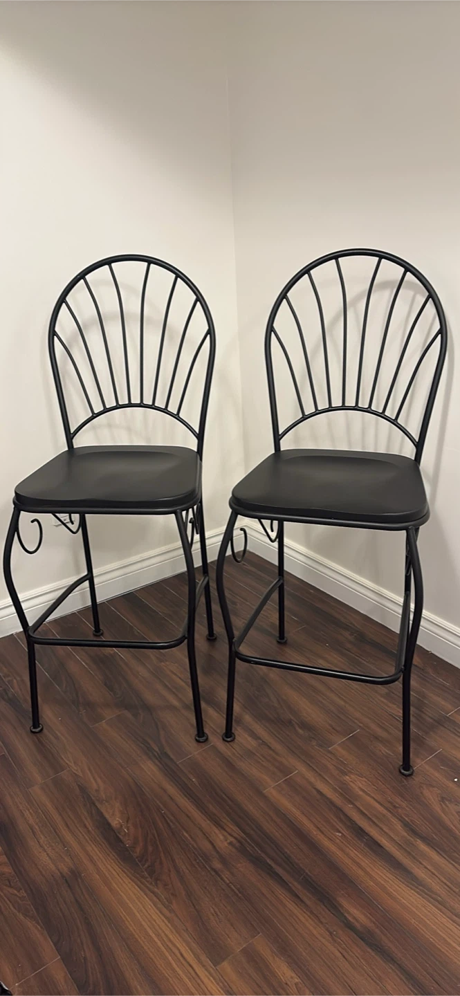 Pair of Black Metal Bar Stools with Fan Back