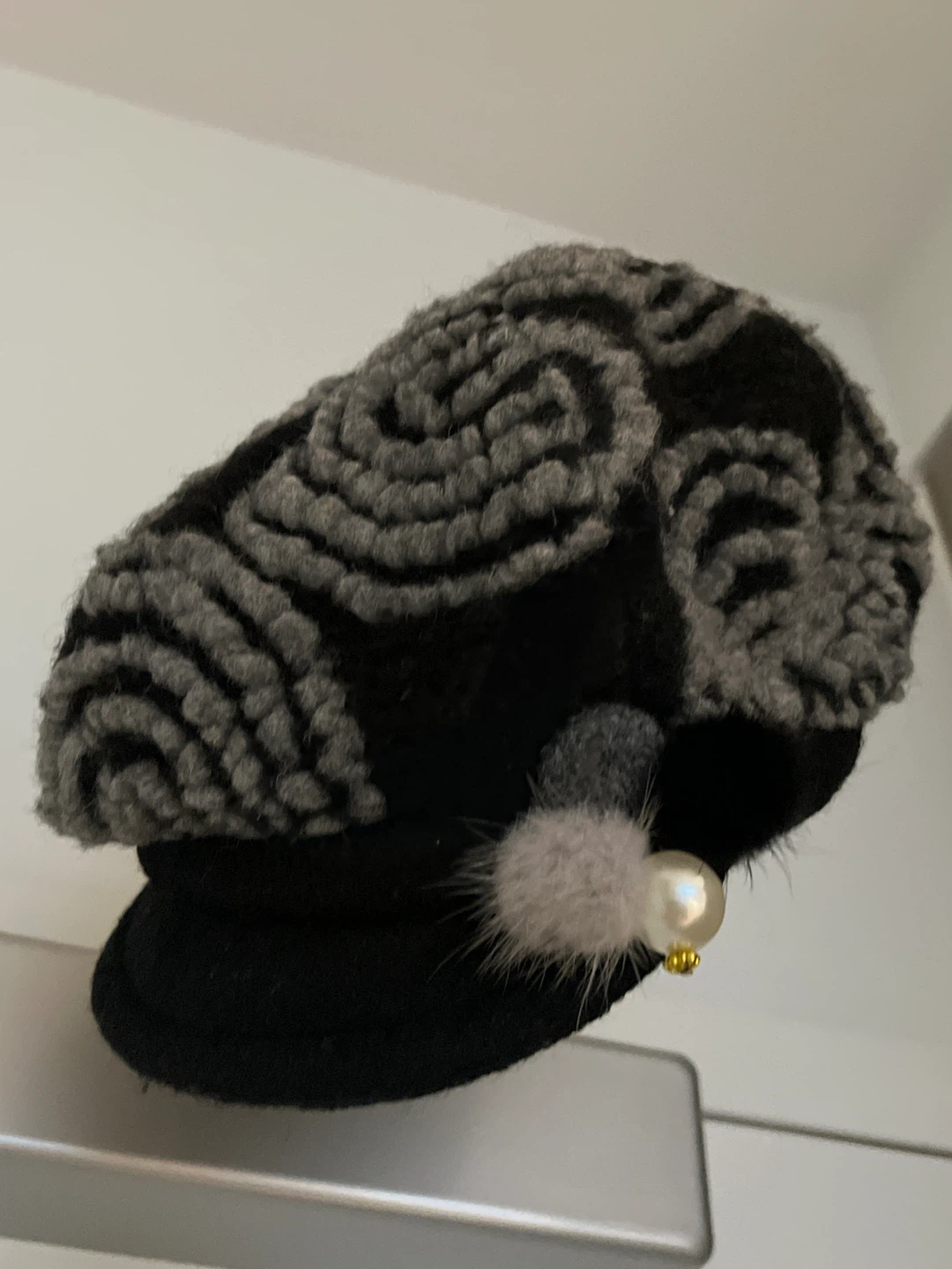 Black and Grey Patterned Beret with Pearl Accent