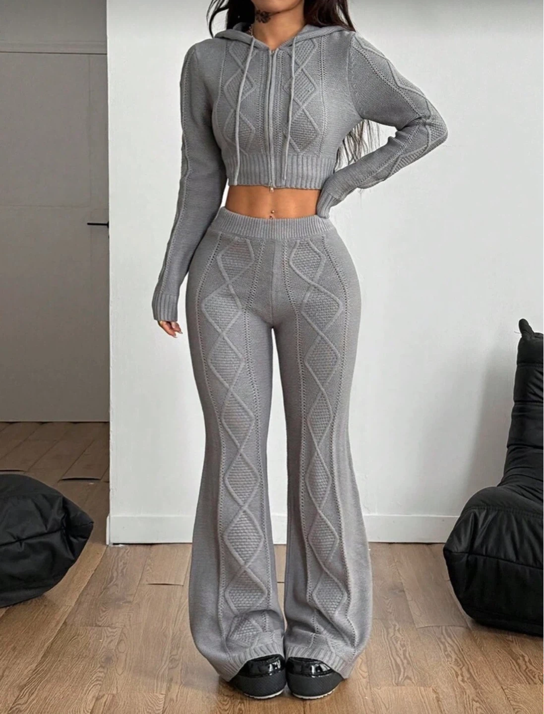 Grey Knit Hoodie and Wide Leg Pants Set