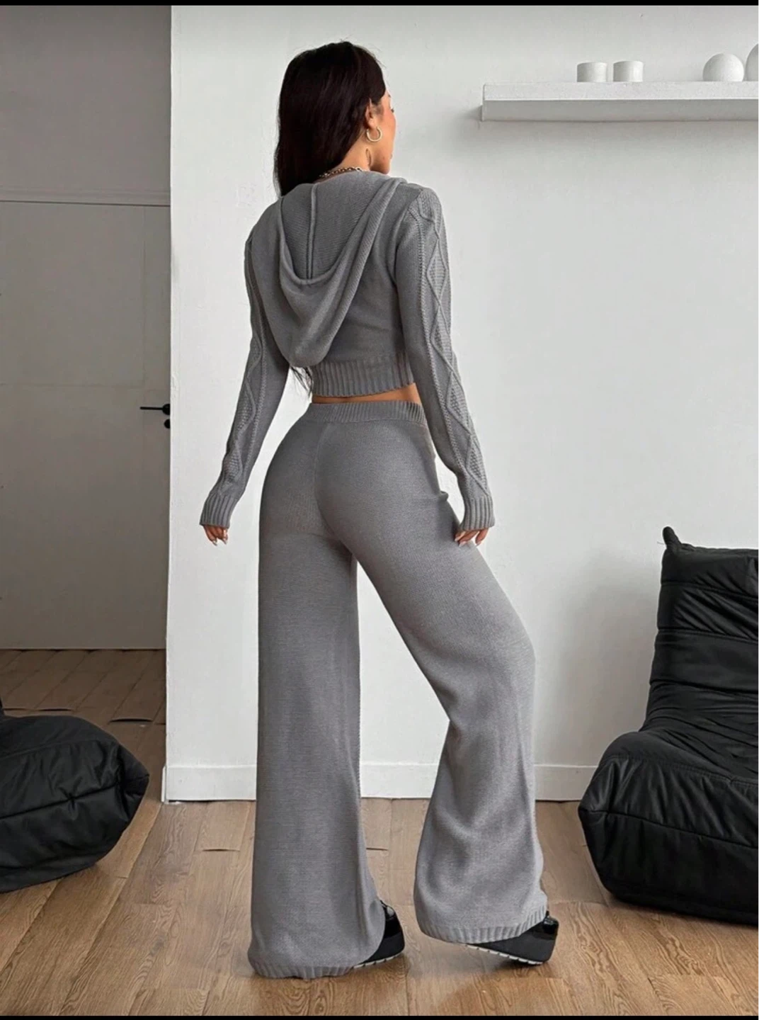 Grey Knit Hoodie and Wide Leg Pants Set - photo 2